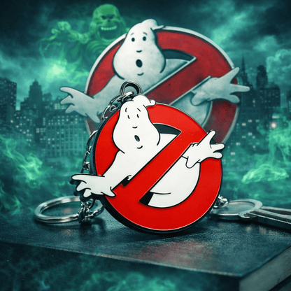Ghostbusters logo keyring featuring ghost in red circular emblem with silver chain links