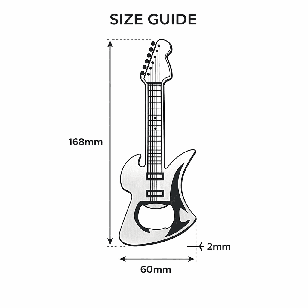Guitar-shaped bottle opener size diagram, 168 mm height