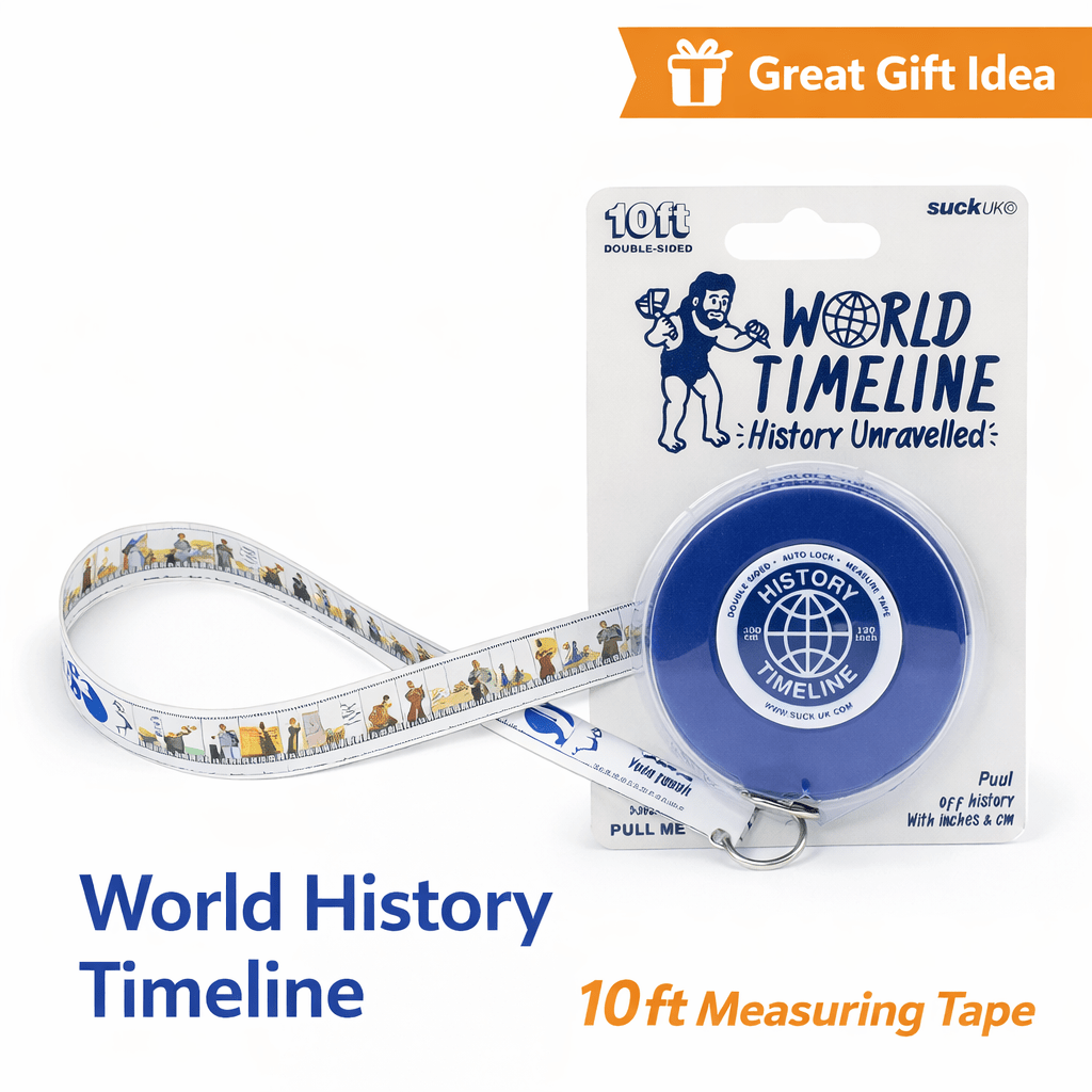 World Timeline measuring tape set on retail card with blue reel and printed strap