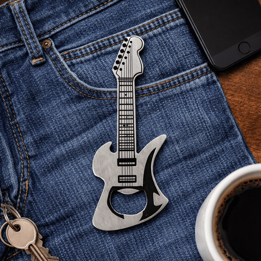 Guitar-shaped stainless steel bottle opener on blue jeans with keys