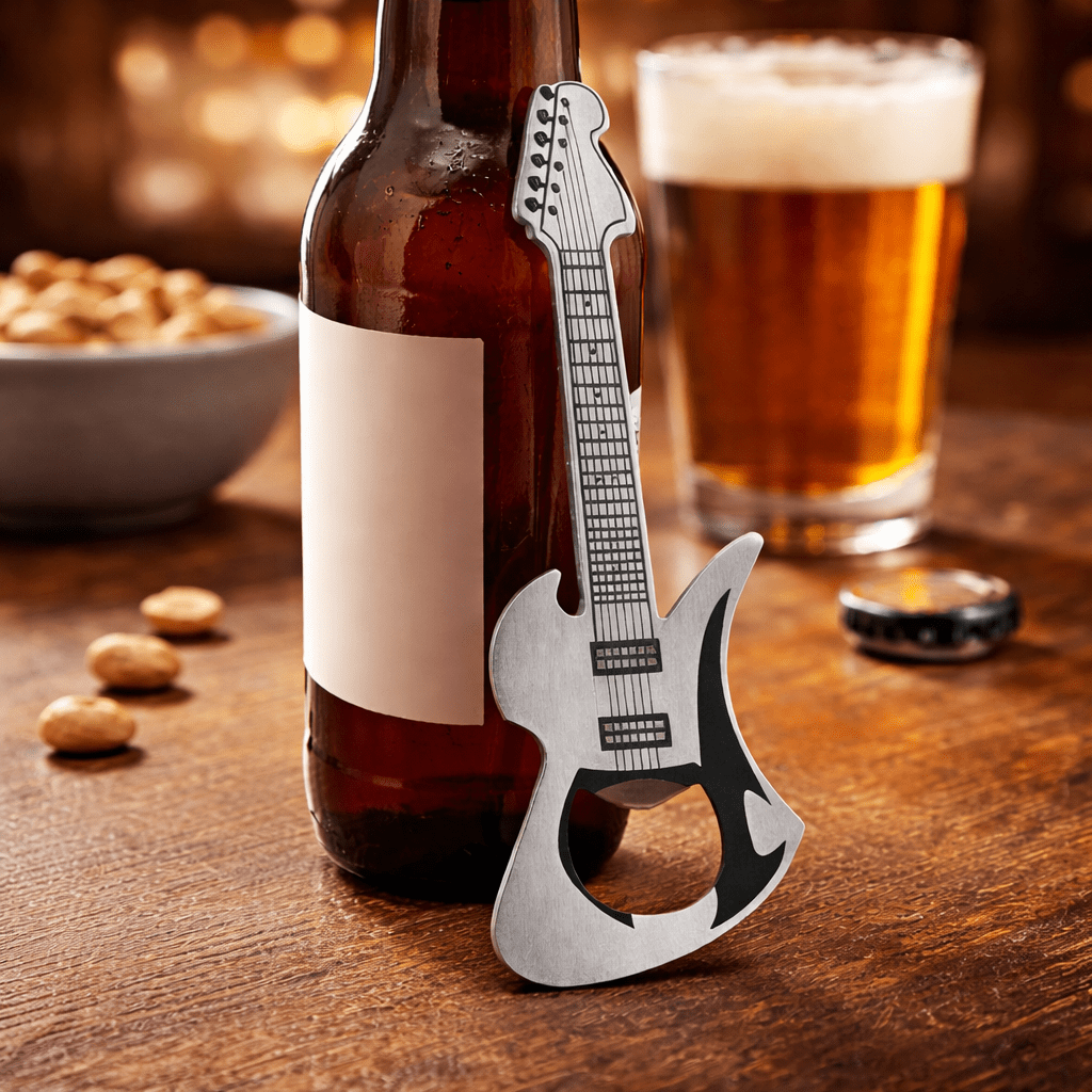 Guitar-shaped bottle opener in brushed stainless steel, standing in front of a beer bottle