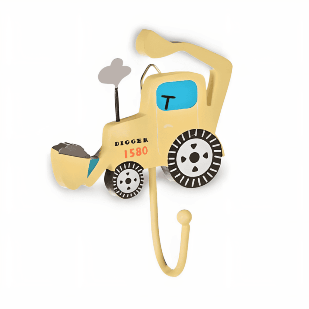 Yellow digger wall hook with blue cab window and yellow dangling hook