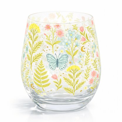 Stemless glass in pastel florals with blue butterfly and gold crescent accents