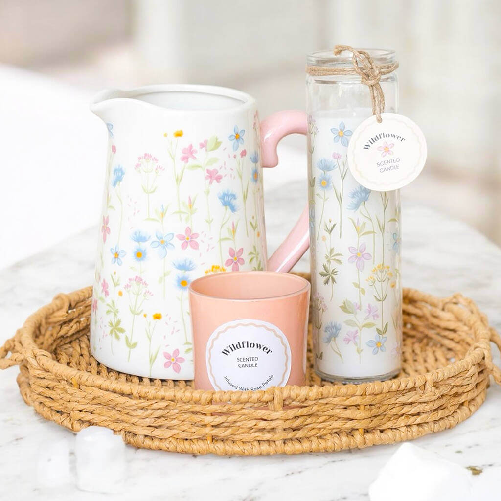 Floral Print Ceramic Flower Jug with Pale Pink Handle, Mothers Day, Teachers Gift by Jones Home & Gifts