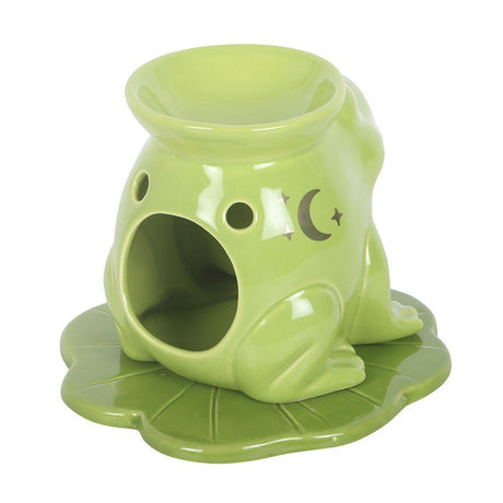 Green frog shaped ceramic oil burner and wax melt burner on lily pad base
