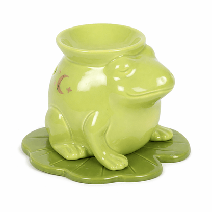 Green frog oil/wax burner with wide bowl, pedestal base and star-moon cutouts