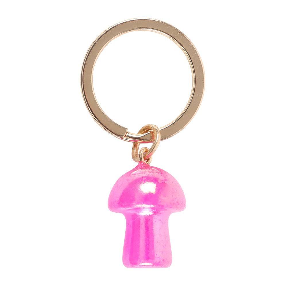 Pink mushroom crystal keyring with gold-tone ring and loop