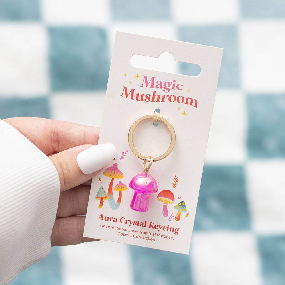 Aura crystal mushroom keyring with pink charm and gold-tone ring