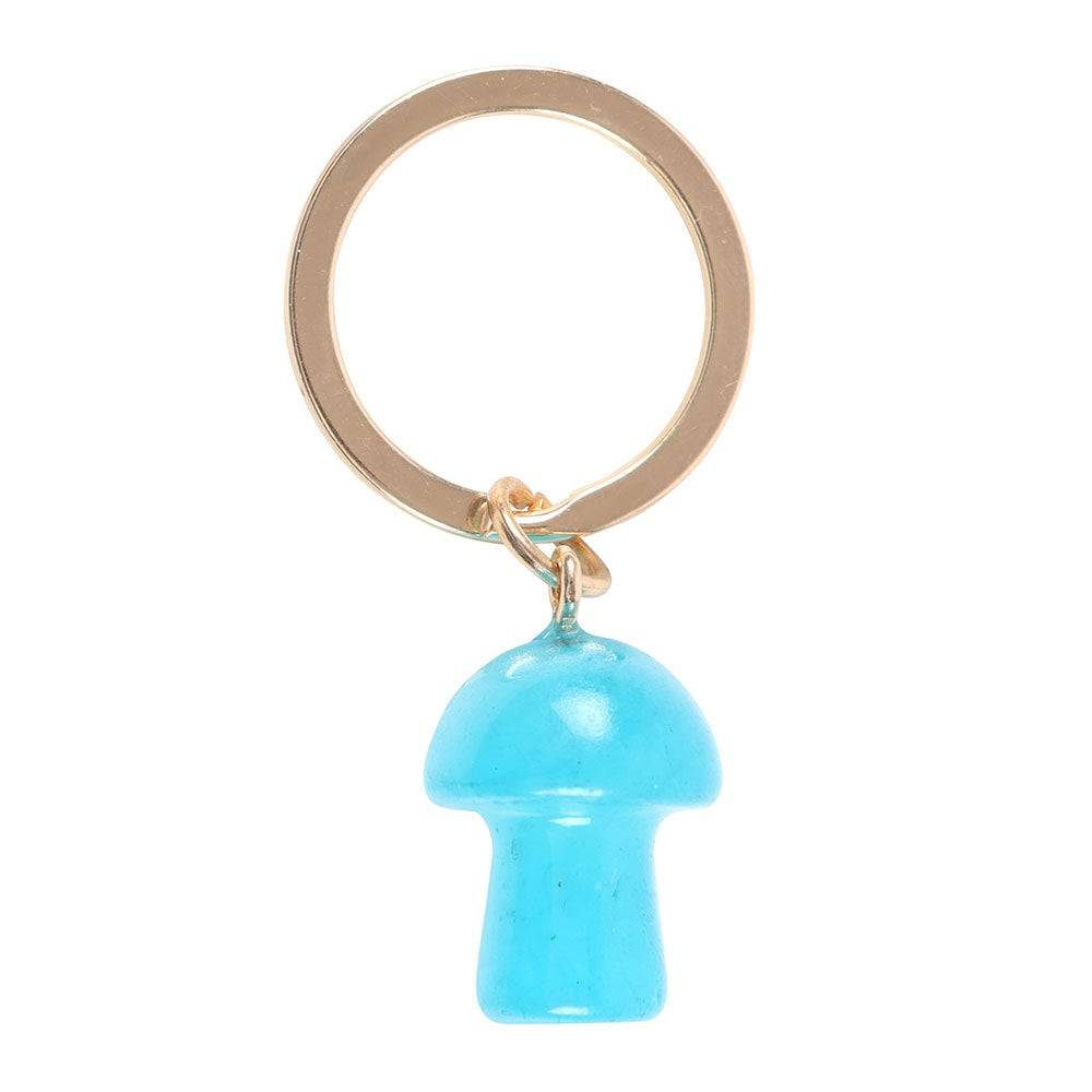Blue mushroom crystal keyring with gold-tone ring and loop