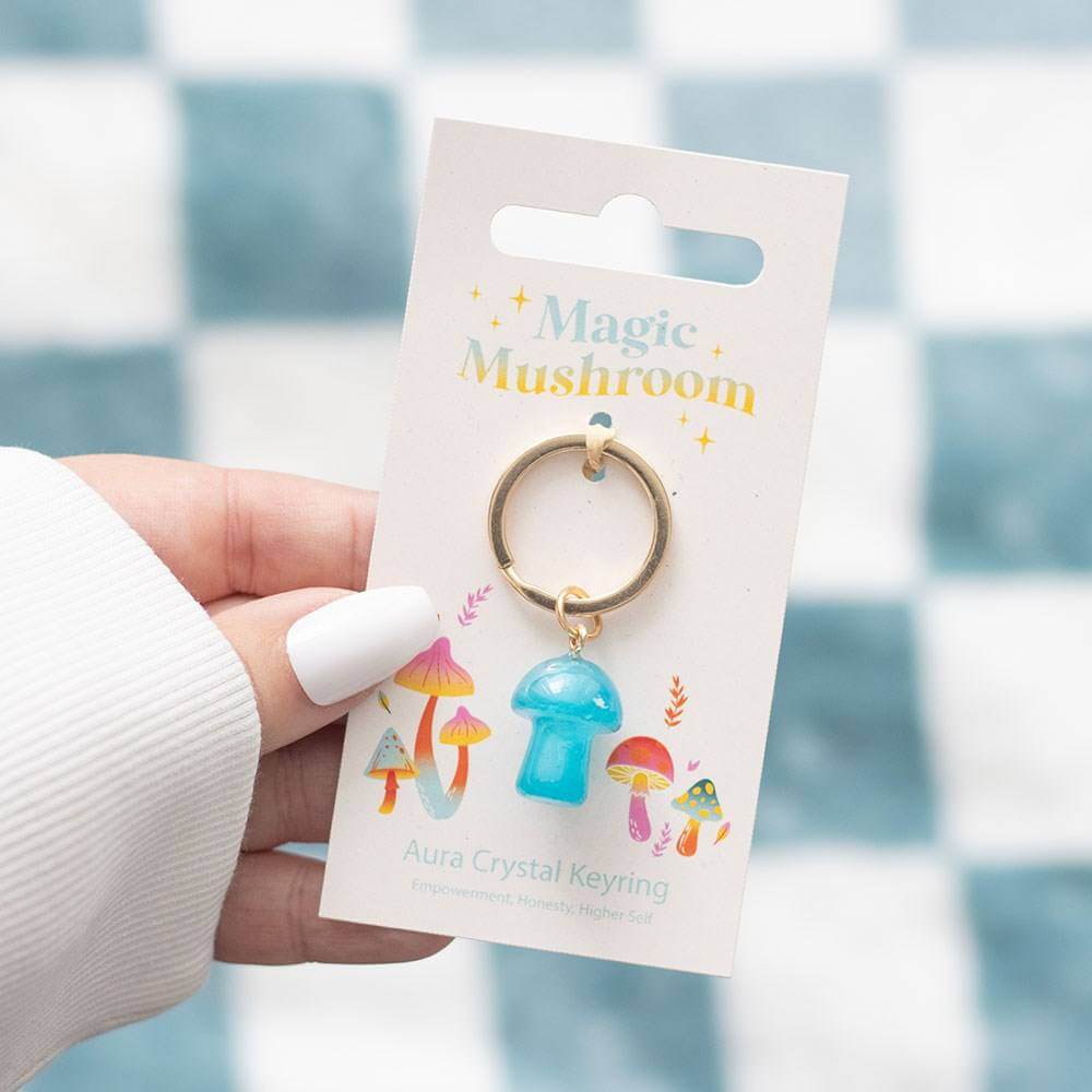 Aura crystal mushroom keyring with blue charm and gold-tone ring