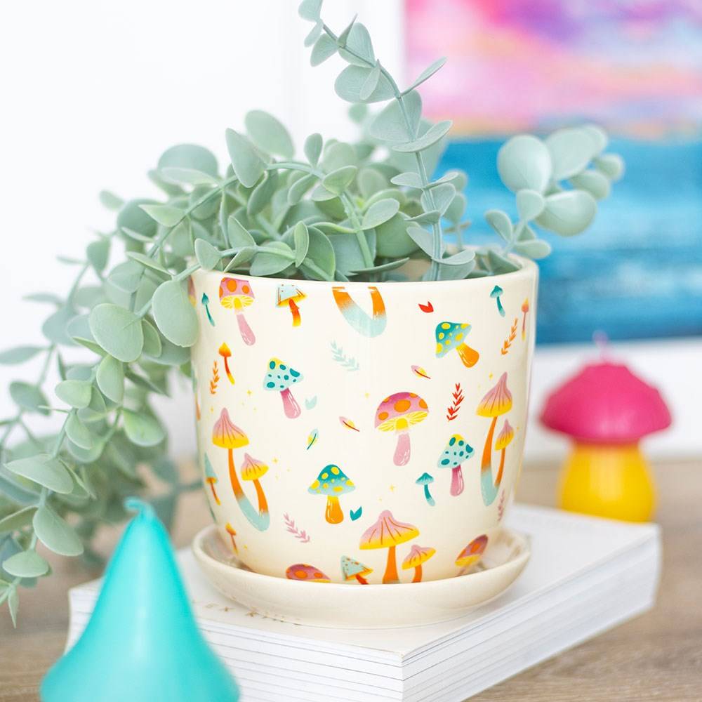 Funky Fungi Mushroom Print Plant Pot with Saucer - The Fashion Gift Shop Pots and Planters by Funky Fungi