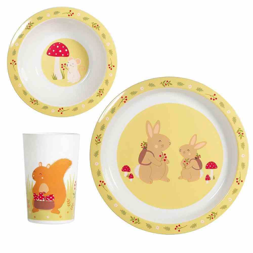 Kids tableware set with two plates and a cup featuring rabbits in a garden scene