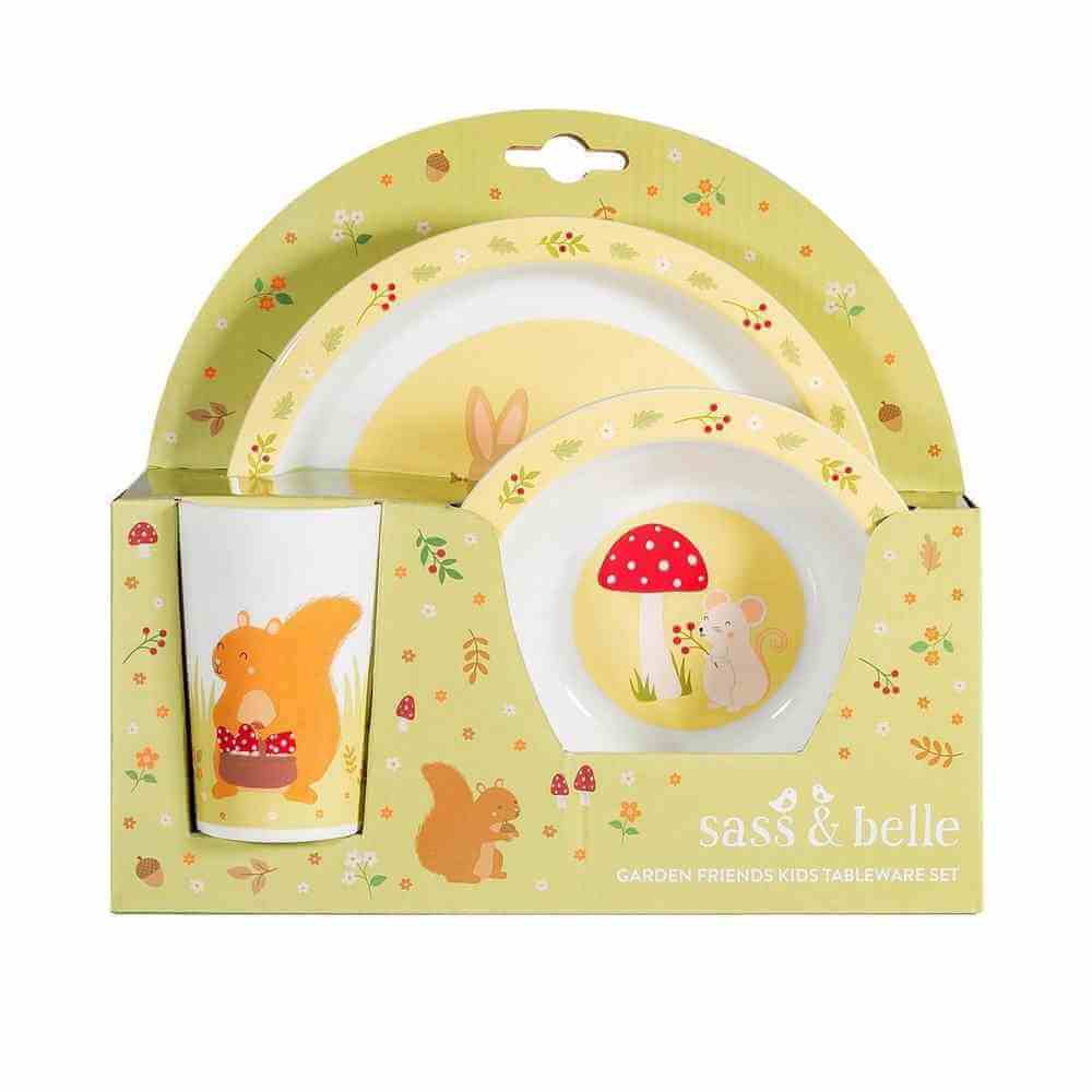 Kids tableware set box with rabbit plate and cup graphics, yellow floral border
