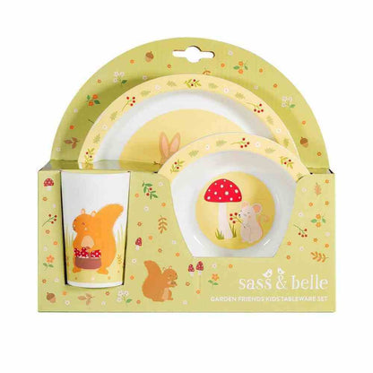 Kids tableware set box with rabbit plate and cup graphics, yellow floral border