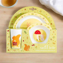 Kids tableware set in decorative box, showing rabbit plate and cup designs