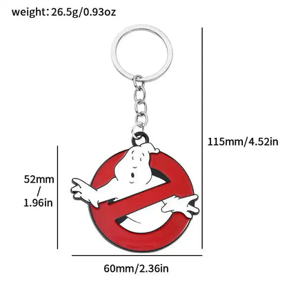 Ghostbusters logo keyring charm with red circular emblem; 60mm and 115mm measurements shown