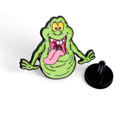 Slimer enamel pin with green ghost character and pink tongue, shown with black back