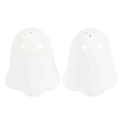 White ghost-shaped salt and pepper shakers backs with small holes, pair