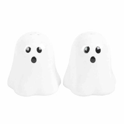 White ghost salt and pepper shakers with black eyes and nose, pair