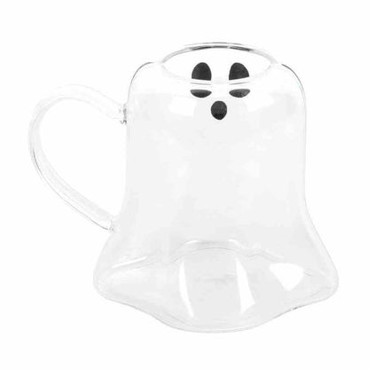 Ghost-shaped clear glass mug with black face and curved handle