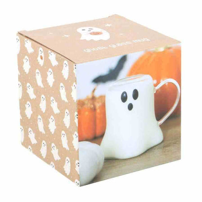 Ghost-shaped clear glass mug in Halloween gift box with curved handle
