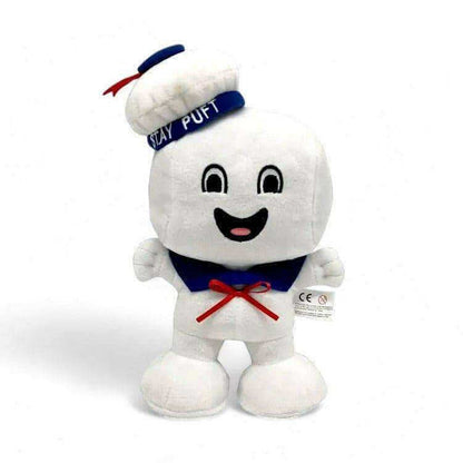 White plush Stay Puft character with blue scarf and red bow, smiling face