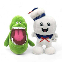 Two plush characters: green Slimer with open mouth, and white Stay Puft with blue bow