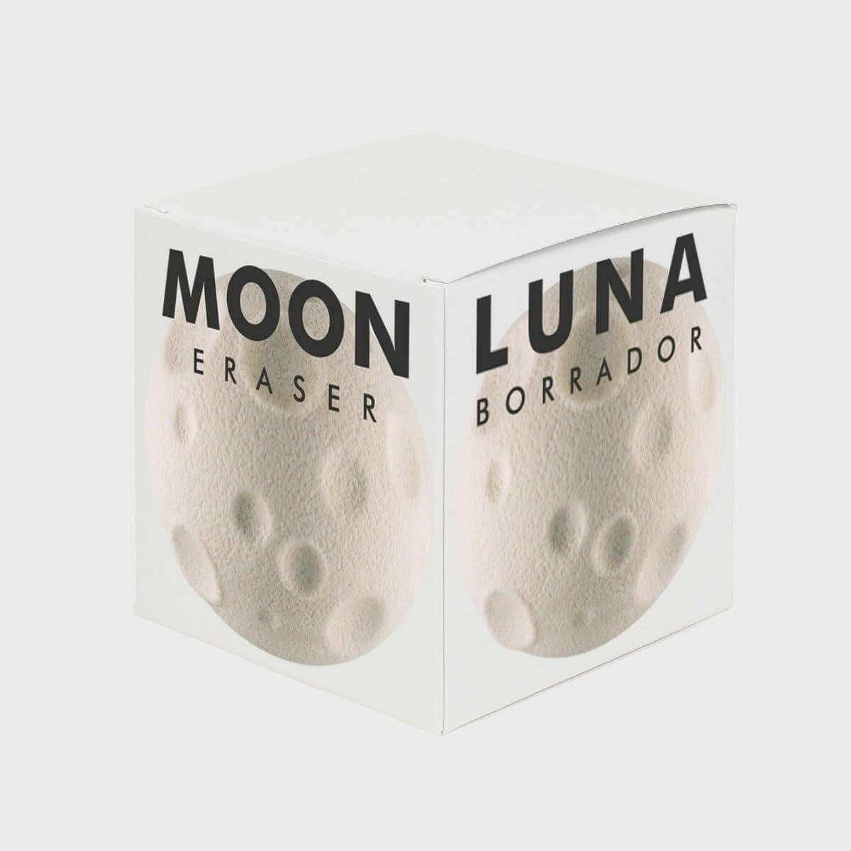 Moon LUNA eraser stationery box showing a cream moon-shaped rubber eraser