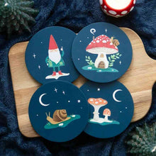 Round navy coaster set with cute gnome, mushroom house, stars and crescent moon designs