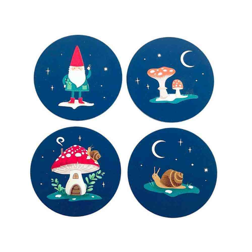 Set of four round navy coasters with gnome, mushroom caps, stars and crescent moon