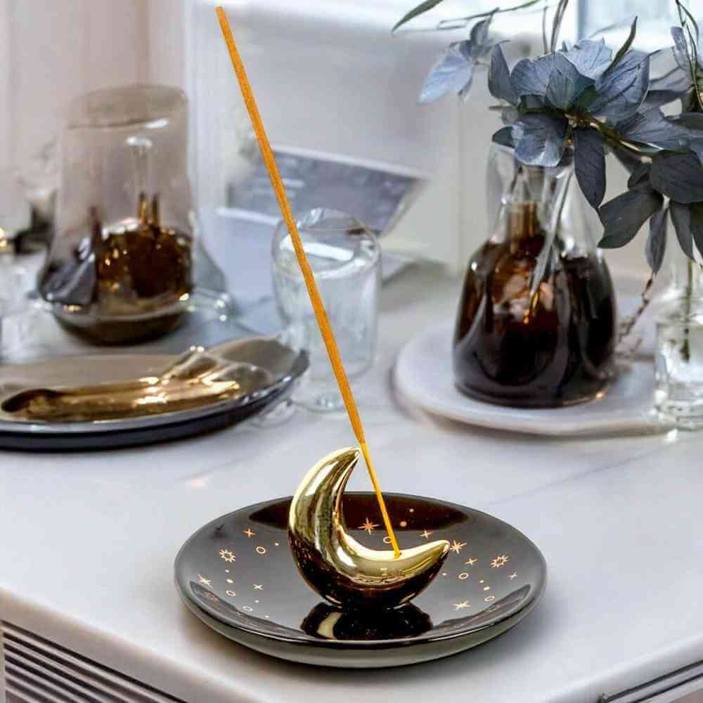 The Fashion Gift Shop: Gold Crescent Moon Incense Stick Holder with Star Detail by Jones Home & Gifts, Incense Holders