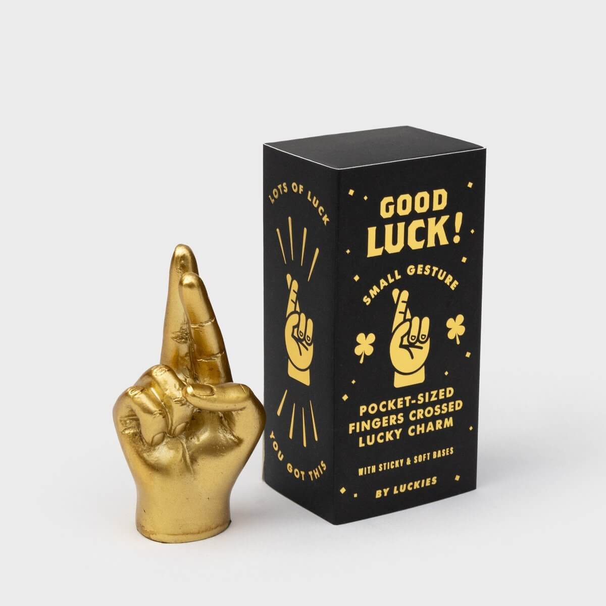 Gold tone crossed-fingers lucky charm ring holder with gift box