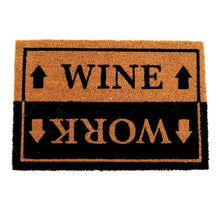 Rectangular doormat showing WINE and WORK text with arrow symbols, orange and black