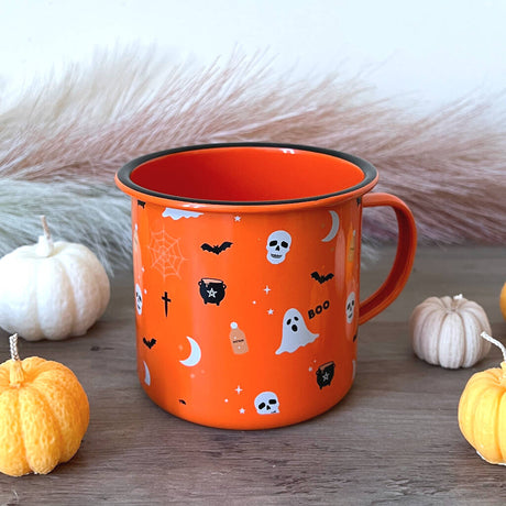 The Fashion Gift Shop: Halloween Enamel Mugs - Witches - Pumpkins - Ghost and Ghouls, Hot Cocoa Mug by Jones Home & Gifts, Mugs and Cups