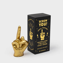 Golden middle-finger hand gesture charm and black gift box