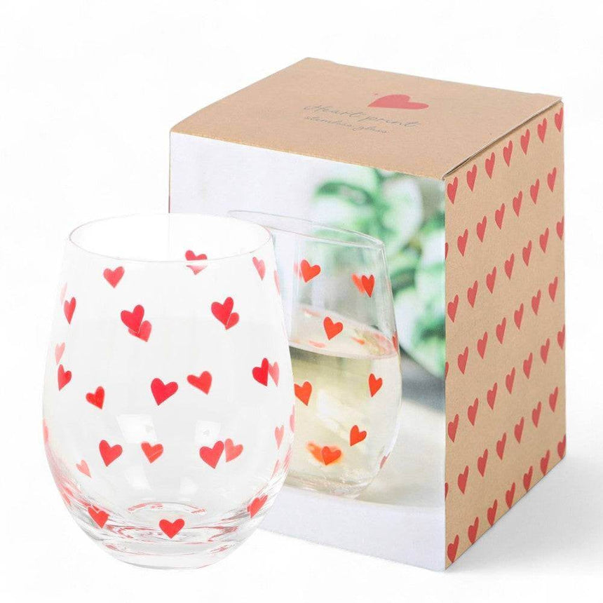The Fashion Gift Shop: All Over Heart Print Valentine Cocktail Stemless Glass, Mothers Day Gift by Jones Home & Gifts, Stemless Wine Glass