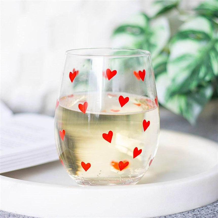 The Fashion Gift Shop: All Over Heart Print Valentine Cocktail Stemless Glass, Mothers Day Gift by Jones Home & Gifts, Stemless Wine Glass