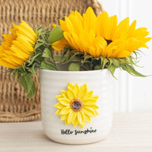 White ceramic plant pot with 3D sunflower and "Hello Sunshine" text