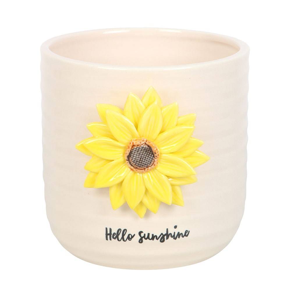 Cream ceramic plant pot with single 3D sunflower and "Hello Sunshine" text