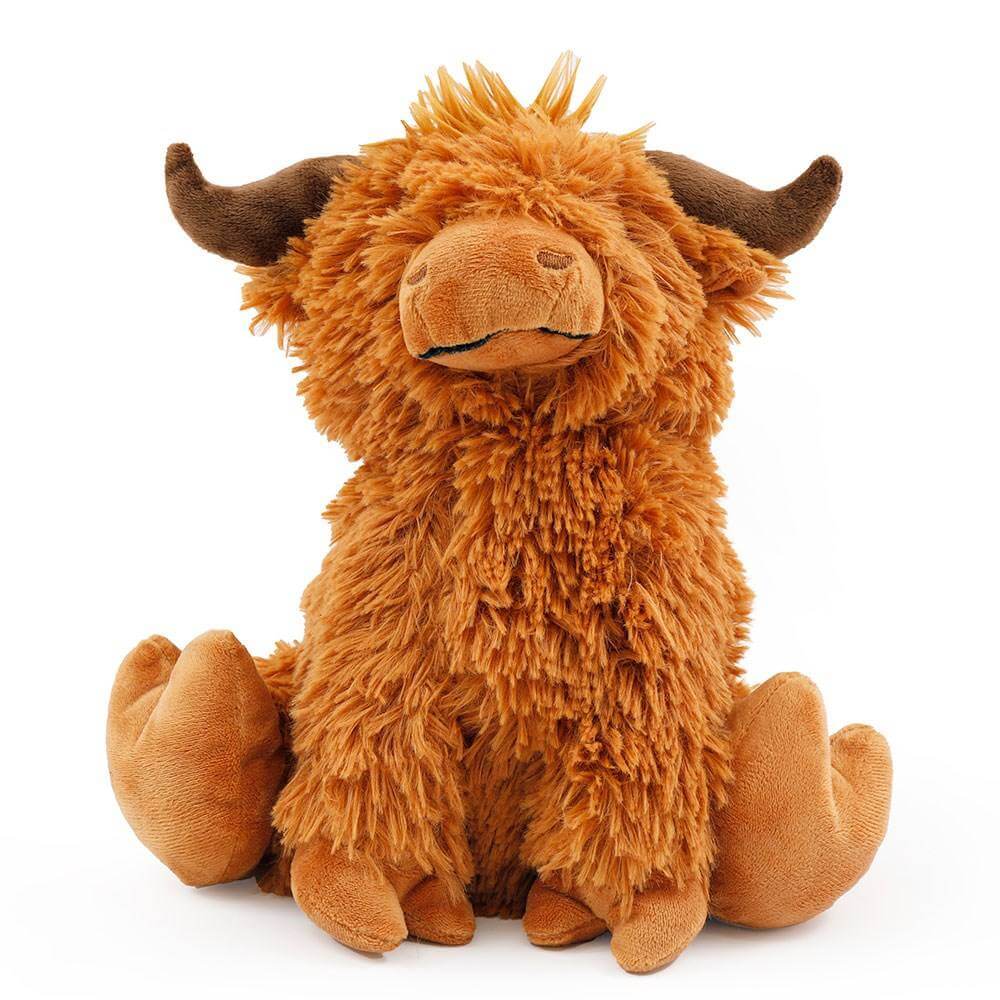 Plush Highland cow doorstop, shaggy orange-brown fur with curled horns