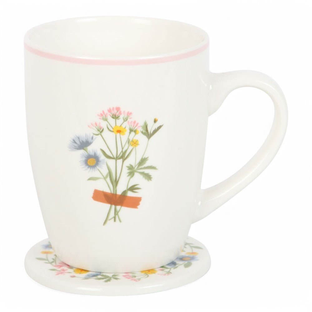 White ceramic mug with wildflower bouquet and round floral coaster