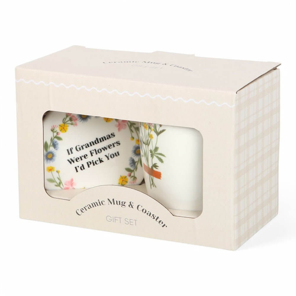 Gift box for ceramic mug and coaster set with window showing floral design
