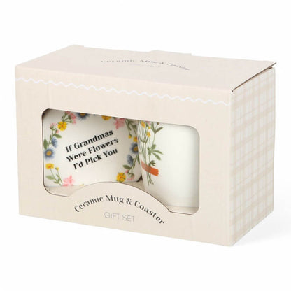 Gift box for ceramic mug and coaster set with window showing floral design