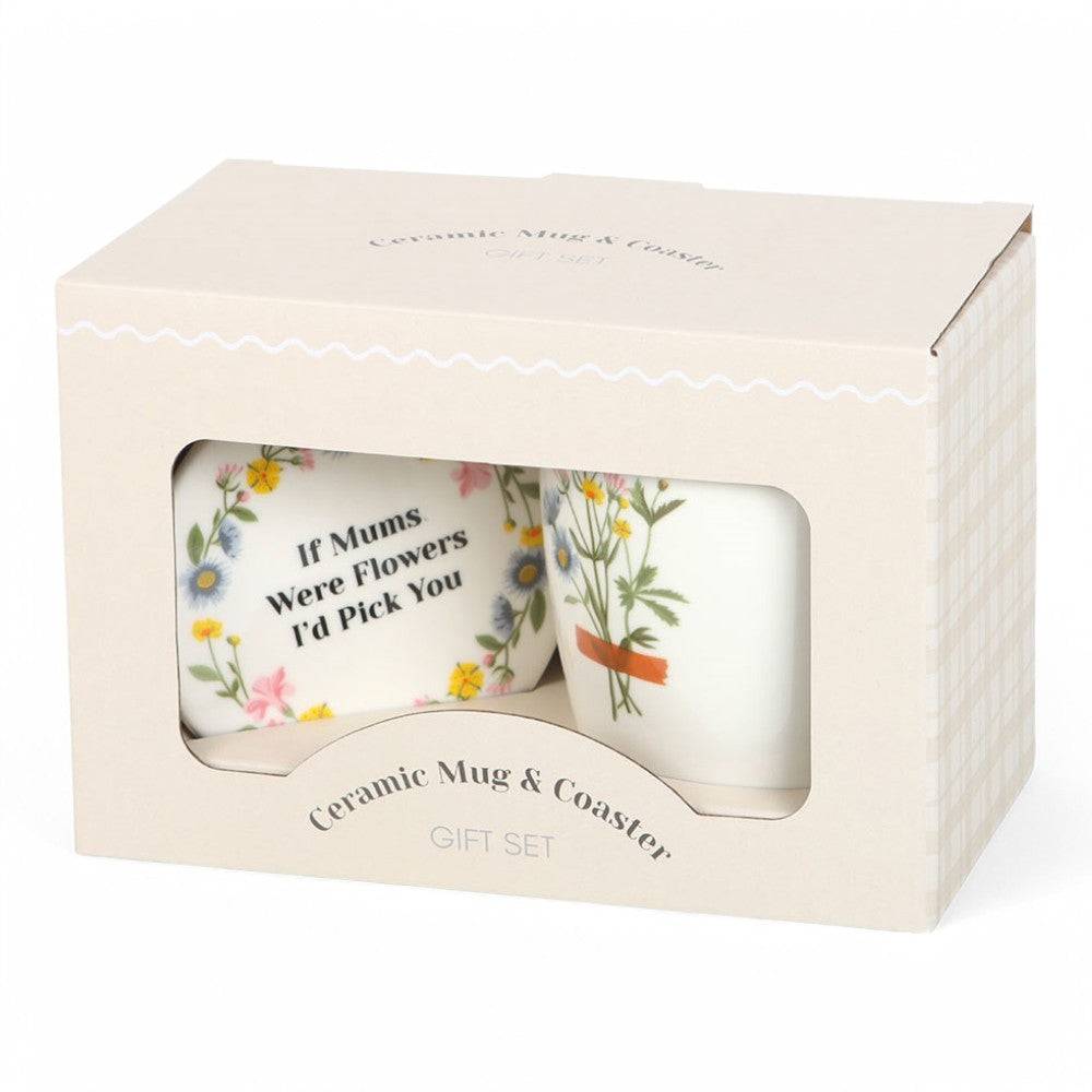 Ceramic mug and coaster gift set box showing mug print and round coaster with floral quote