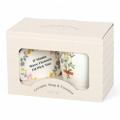 Ceramic mug and coaster gift set box showing mug print and round coaster with floral quote