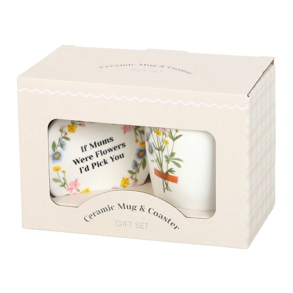 Ceramic mug and coaster gift set package with floral coaster quote and mug bouquet print
