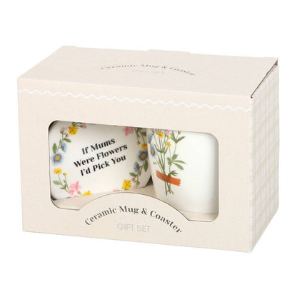 Ceramic mug and coaster gift set package with floral coaster quote and mug bouquet print
