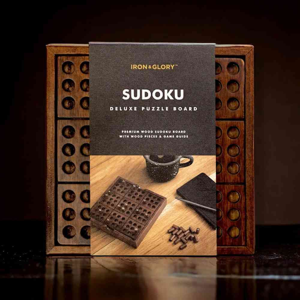 Wooden Sudoku puzzle set in wooden tray with cardboard cover and wooden pieces