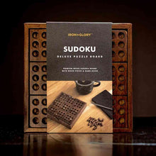Wooden Sudoku puzzle set in wooden tray with cardboard cover and wooden pieces