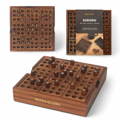 Wooden Sudoku puzzle board set with two boards, markers, and front cover